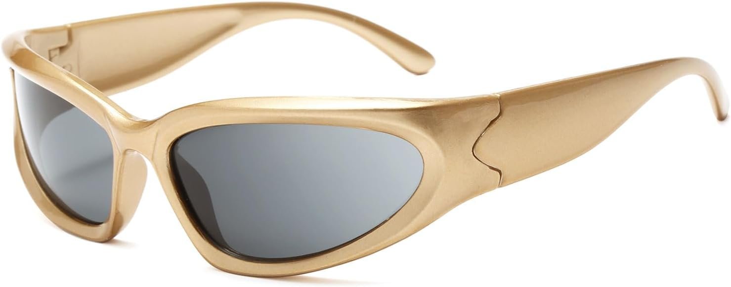 Kids' sports sunglasses; Y2K-inspired futuristic oval wrap-around design; UV400 protection; one-size-fits-most for boys; includes case (brown/gray)