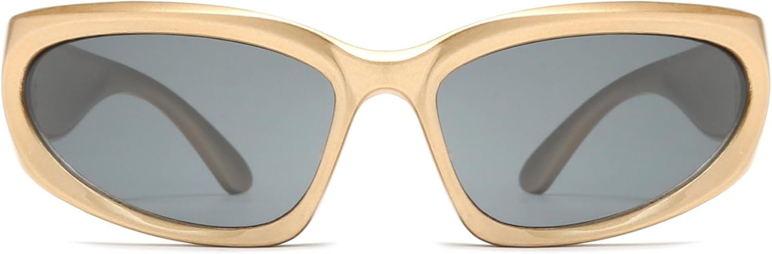 Kids' sports sunglasses; Y2K-inspired futuristic oval wrap-around design; UV400 protection; one-size-fits-most for boys; includes case (brown/gray) - Image 2