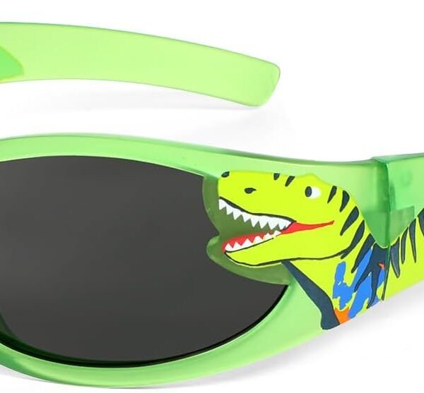 Dinosaur-themed sunglasses (ages 3–10); stylish design; suitable for vacations, beach trips, outdoor activities, and summer sports; UV protection