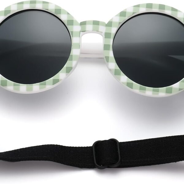 Polarized sunglasses for infants and toddlers (0–36 months); includes adjustable silicone strap; round frames; UV protection