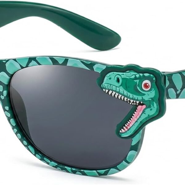 Dinosaur-themed sunglasses for boys; UV-protective; suitable for ages 3–10 for vacations, beach trips, and outdoor activities (including cycling)