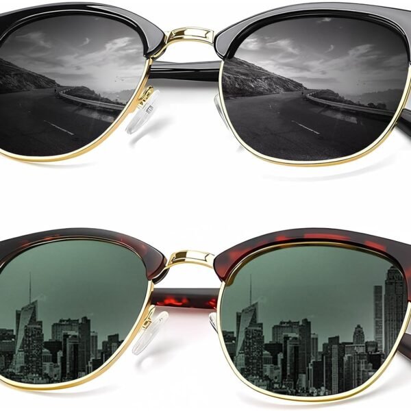Polarized sunglasses (retro driving style, 100% UV protection, black frames with gray lenses)